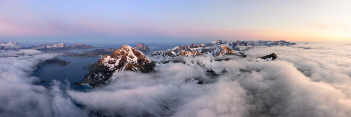 Aerial Panorama of a cloud inversion on the Lofoten Islands