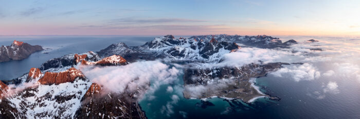 Aerial Panorama of a cloud inversion on the Lofoten Islands