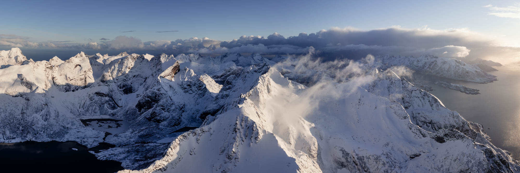 Aerial panorama of the mountains on Moskenes in the Lofoten Islands