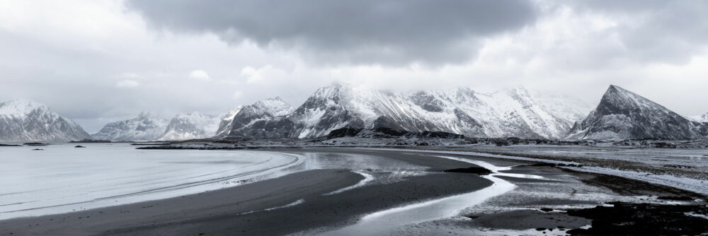 Panorama of Sandbotnen beach on the Lofoten Islands in Winter