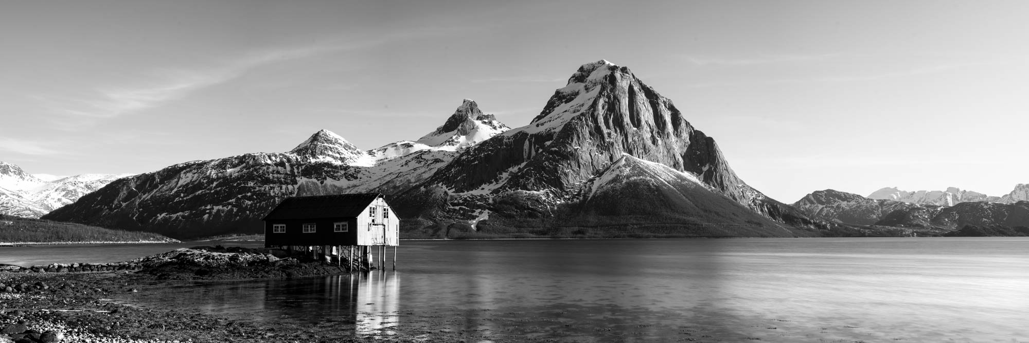 B&W Panorama of a Boatg house on Tjongsfjorden in Nordland Norway