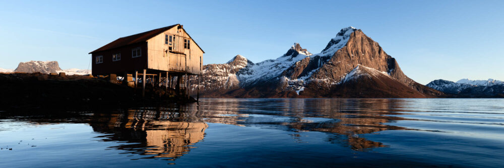 Panorama of a Boatg house on Tjongsfjorden in Nordland Norway