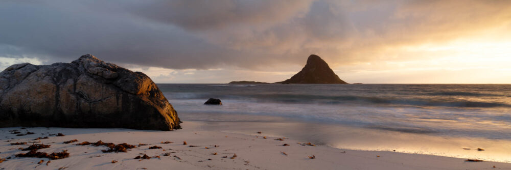 Panorama of Bleiksøya Island and beach at sunset in Vesterålen Norway