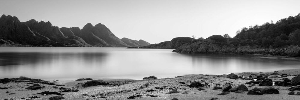 Langøya Vesterålen beach and mountian monochrome fine art