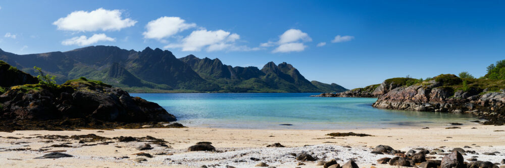 Panorama of a beautiful beach with turquoise water in Langøya island in Vesterålen