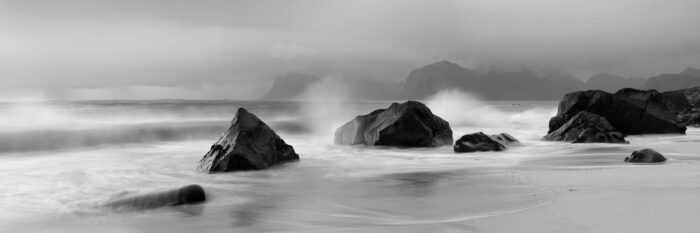 Panorama of Maryland beach doing a storm in the Lofoten Islands