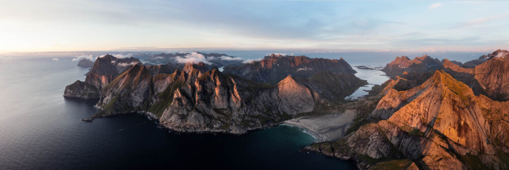 Panorama of Bunes beach and the mountains of Moskenesoya in the Lofoten Islands