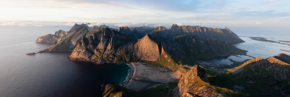 Panorama of Bunes beach on Moskenesoya Island for Storsvika mountain in the Lofoten Islands in the Arctic Circle