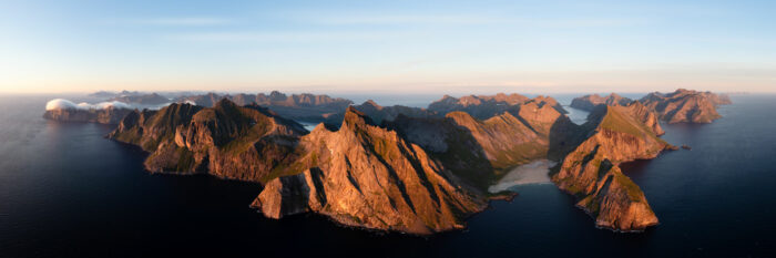 Aerial Panorama of Horseid beach and the Lofoten Islands