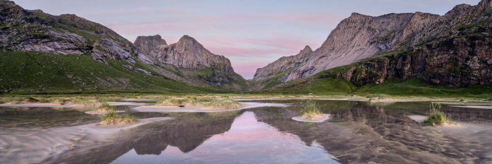 Panorama of Horseid Beach sand dunes at dawn Moskenesøya Lofoten Islands