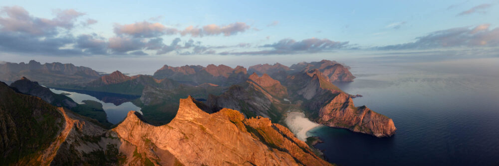 Aerial Panorama of Lofoten National Park and Horseid Beach in Norway in the arctic circle in summer