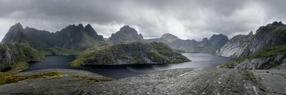 Panorama of Lake Solbjørnvatnet on the Island of Moskenesoya in the Lofoten Islands