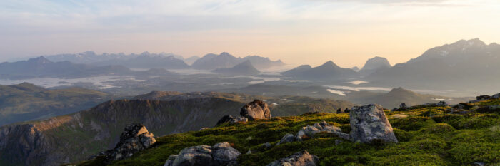 Panorama of Vestvågøya and Leknes from Justadtind Fjell in the Lofoten Islands during the midnight sun