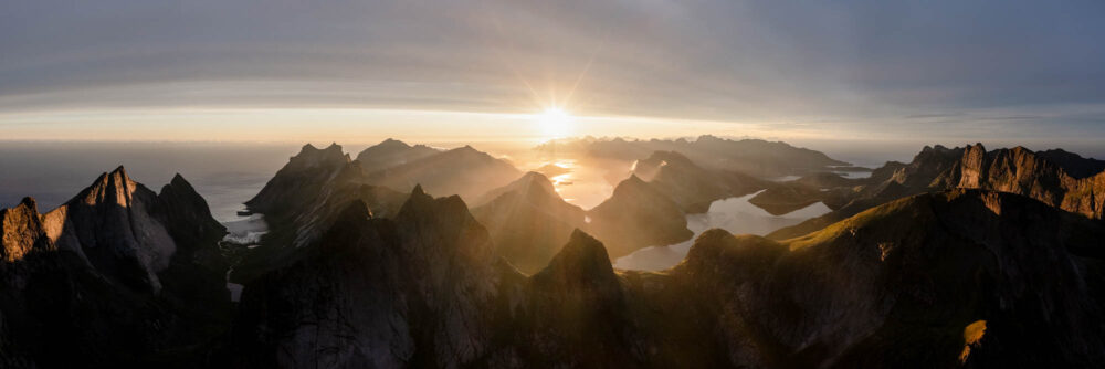 Panorama of Moskenesøya in the Lofoten Islands at sunrise