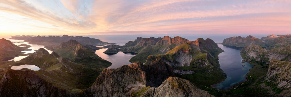 Panorama of the Lakes of Fjords of Moskenesoya in the Lofoten Islands at sunrise in summer