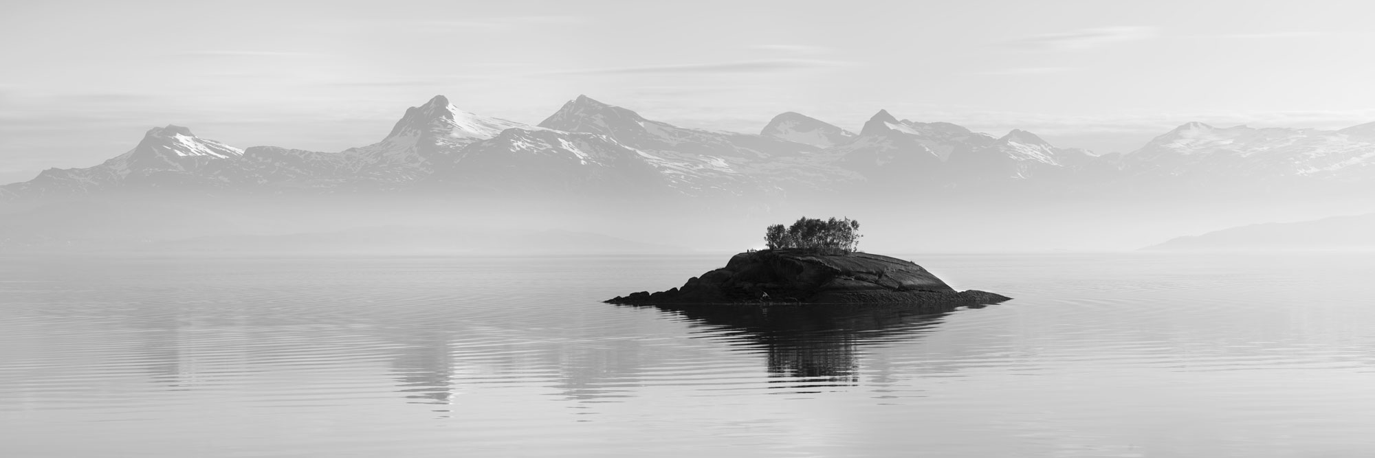 Black and white panorama of OfotFjord in Nordland Norway