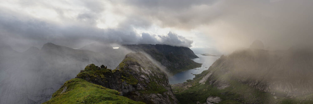 Panorama of Reinefjorden and Vondstad from Storsvika mountain in the Lofoten Islands