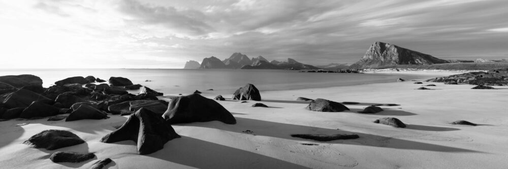 Monochrome panorama of Storsandnes Stranda beach on the Lofoten Islands