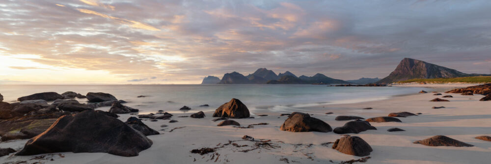 Panorama of Storsandnes beach at sunset in the Lofoten Islands Norway