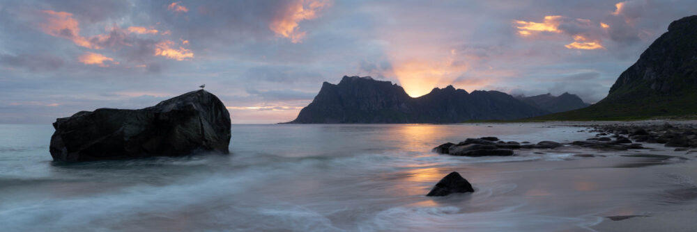 Panorama of Uttakleiv beach in the Lofoten Islands at surise