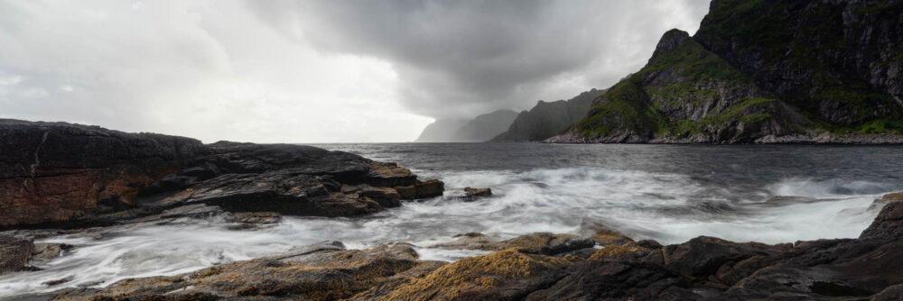 Panorama of Lofotodden national park on Moskenesoya island from Å in the Lofoten Islands in Norway