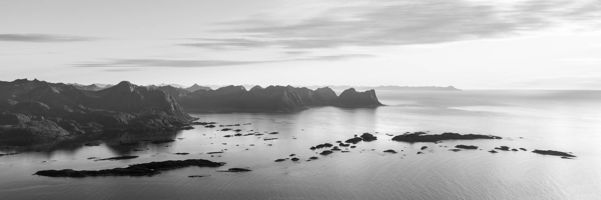 Panorama of the Bergsøyan islands on Bergsfjorden Fjord Senja Island in Norway