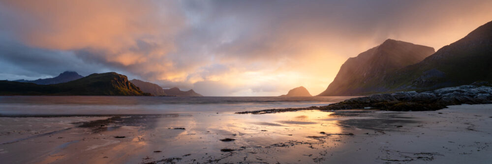 Panorama of Haukland and Vic Beach at sunset on Vestvagoya in the Lofoten Islands