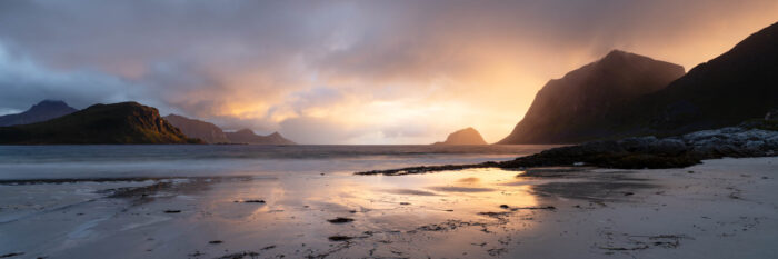 Panorama of Haukland and Vic Beach at sunset on Vestvagoya in the Lofoten Islands