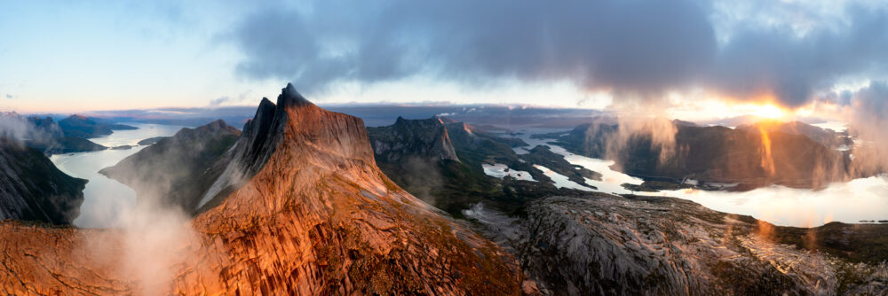 Aerial Panorama of Huglhornet Mountain along the Efjorden in Nordland Norway at sunrise