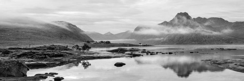 Black and white panorama of Flakstadpollen bay on the Island of Flakstadoya in the Lofoten Islands