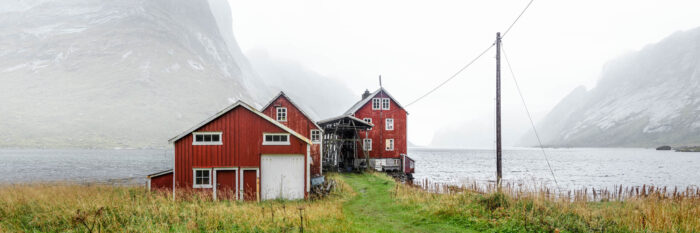 Panorama of a Norwegian Red House on Kjerkfjorden Fjord in the Lofoten Islands