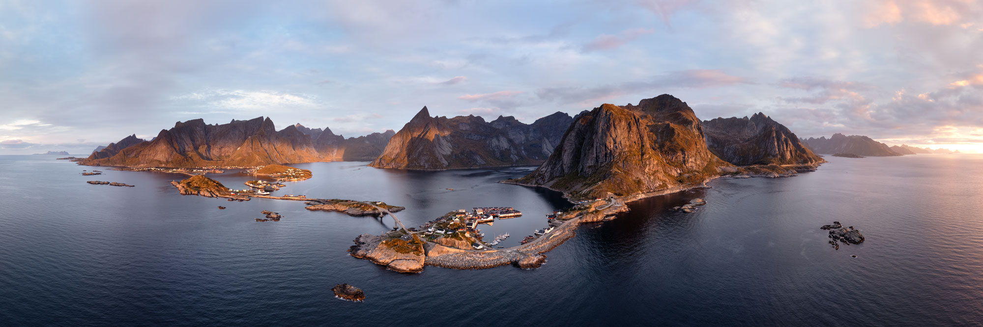 Aerial panorama of the Hamnoy Fishing village and Reniefjorden in Moskenesoya in the Lofoten Islands