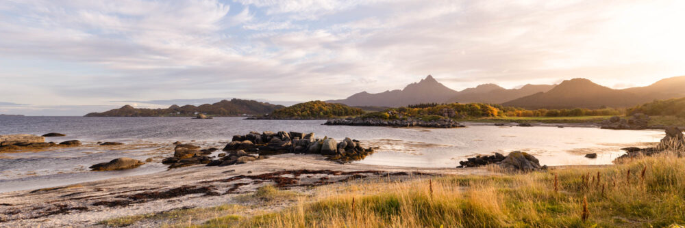 Panorama of a Beach near Ballstad in Vestvagoya with Skottinden mountain behind