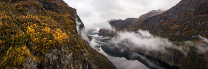 Aerial panorama of the Nærøyfjord Fjord in Autumn in Vestland Norway