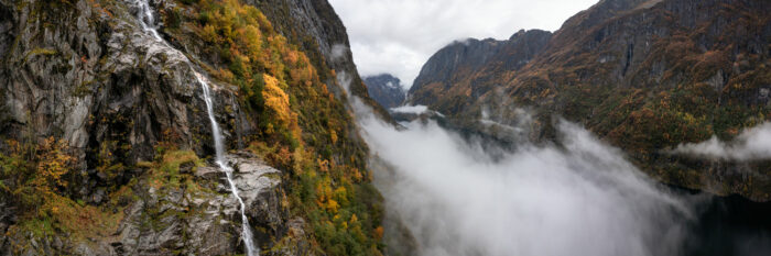 Aerial Panorama of a waterfall above Nærøyfjord in Norway