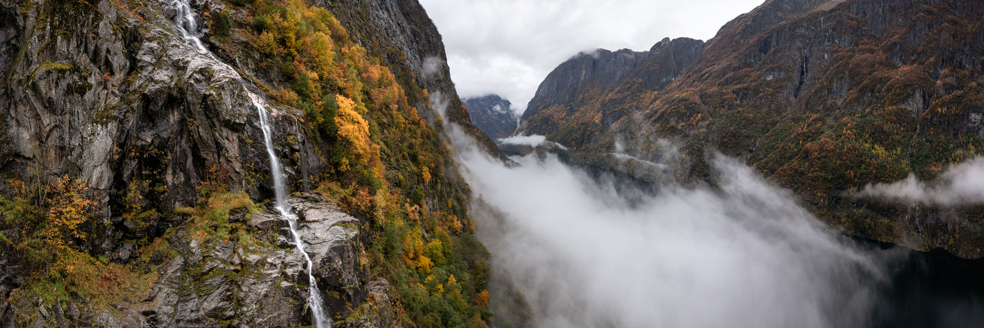 Aerial Panorama of a waterfall above Nærøyfjord in Norway