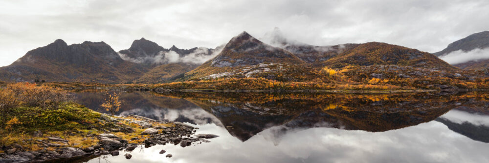 Panorama of husvagn lake on Austvågøya island in Norway