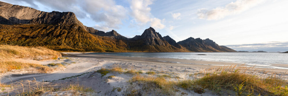 Panorama of Brennviksanden beach in Autumn in Nordland Norway