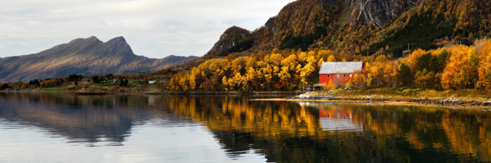 Panorama of a Rorbu in Autumn in Engavågen, Norway