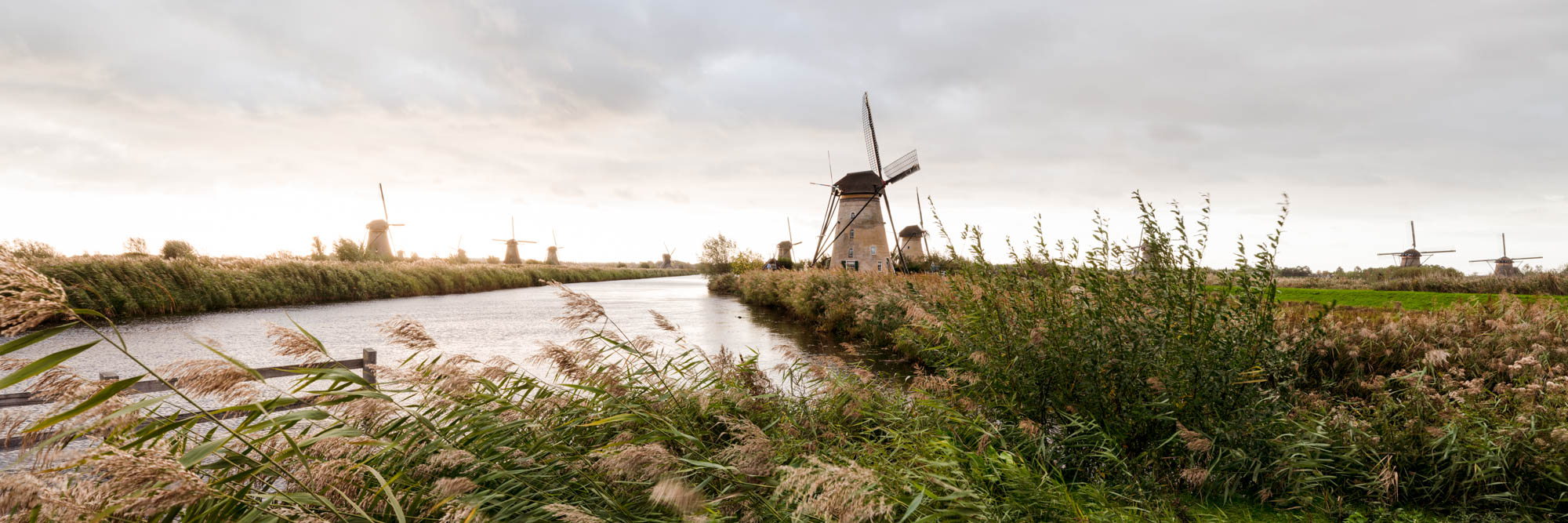 Panorama of the Kinderdijk Windmills in Holland in the Netherlands