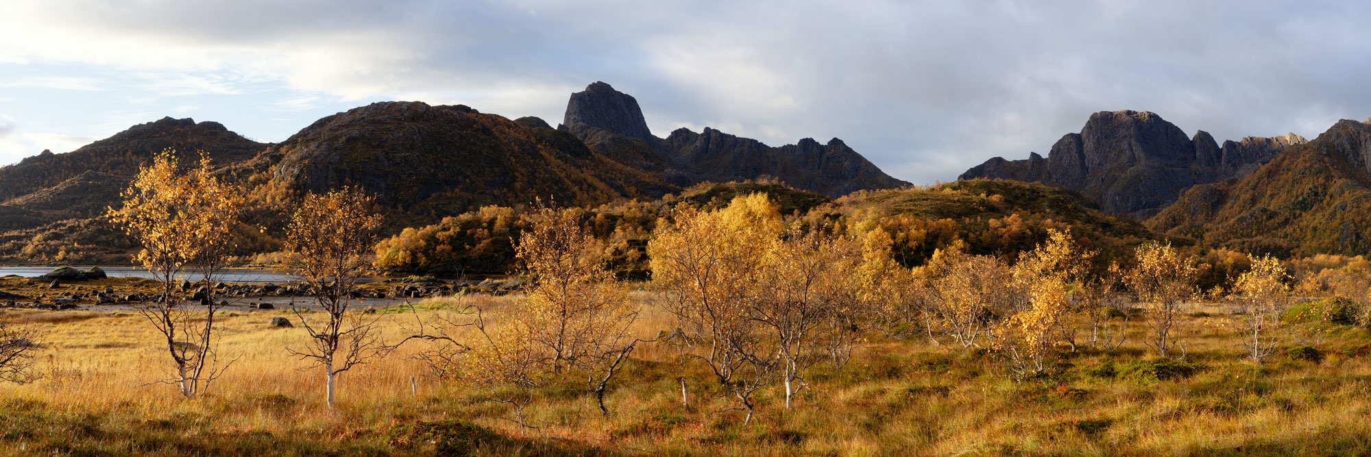 Panorama of autumn on Langøya Island in Vesteralen in Norway