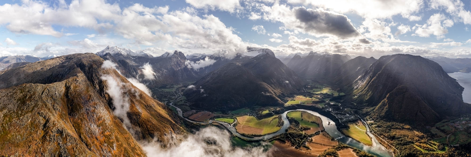 Aerial panorama of Romsdalen Valley in Norway