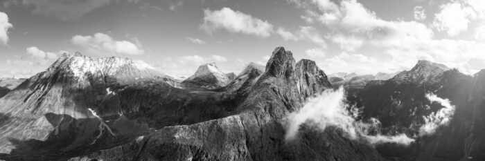 Black and white Aerial panorama of Romsdalshornet and Trollveggen mountains in Romsdalen Norway