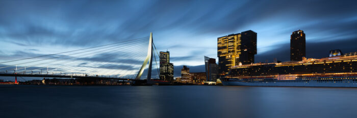 Panorama of Rotterdam and the erasmusbrug at sunrise in the Netherlands