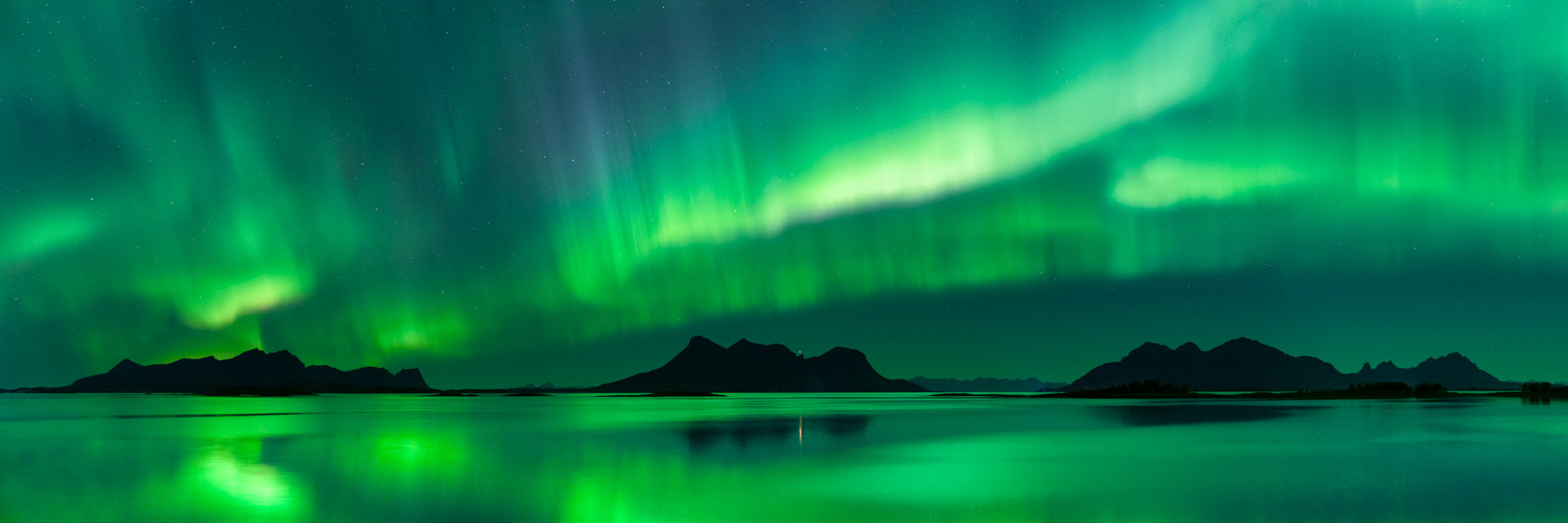 Panorama of the Aurora Borealis over Sagfjorden in Nordland Norway