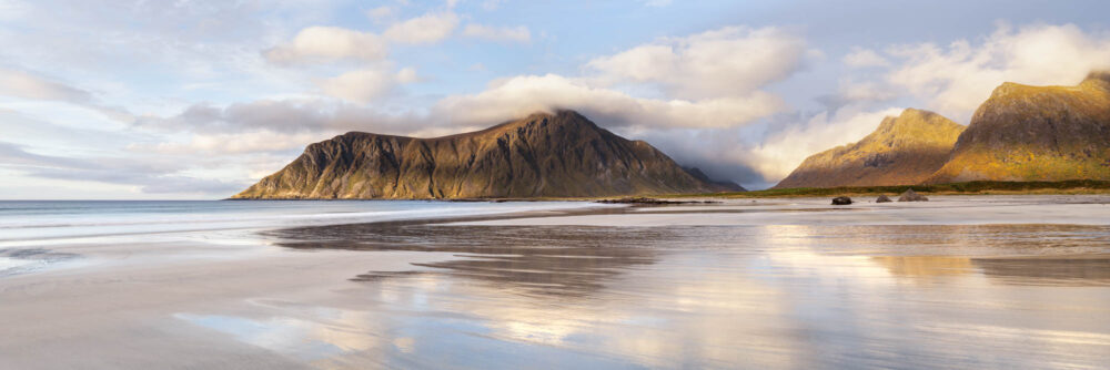 Panorama of Skagsanden beach on Flakstadøya island in the Lofoten Islands