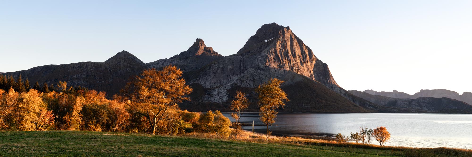 Panorama of Tjongsfjorden and Blokktinden Mountain in Autumn in Norway