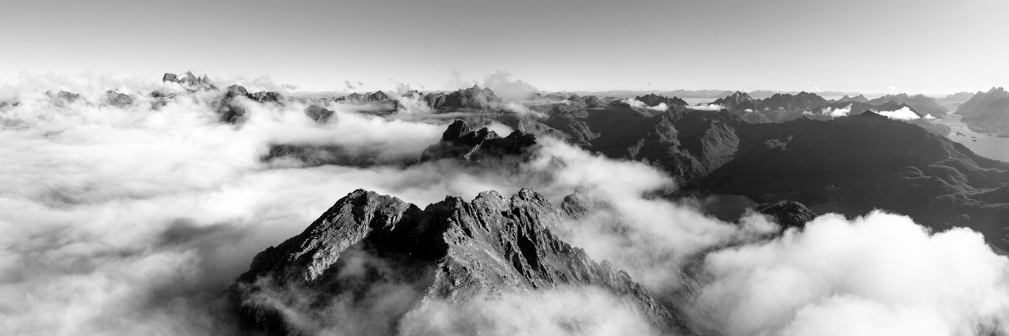 Black and white aerial panorama of Møysalen mountain and National Park in Norway