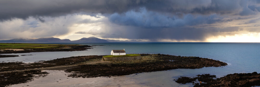 Panorama of Eglwys Cwyfan Church on Anglesey island in Wales