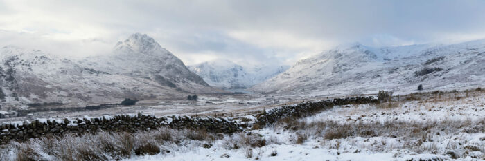 Panorama of Ogwen valley in winter in Eryri national park Wales